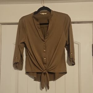 Chic Tan Button-Down Shirt with Tie-Front